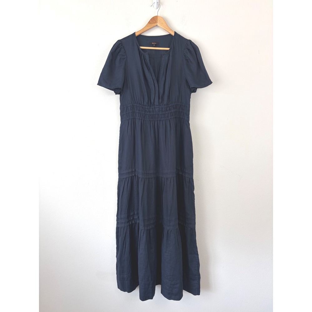 Quince 100% Sz Med European Linen Tiered Maxi Dress Navy Blue Smocked Waist